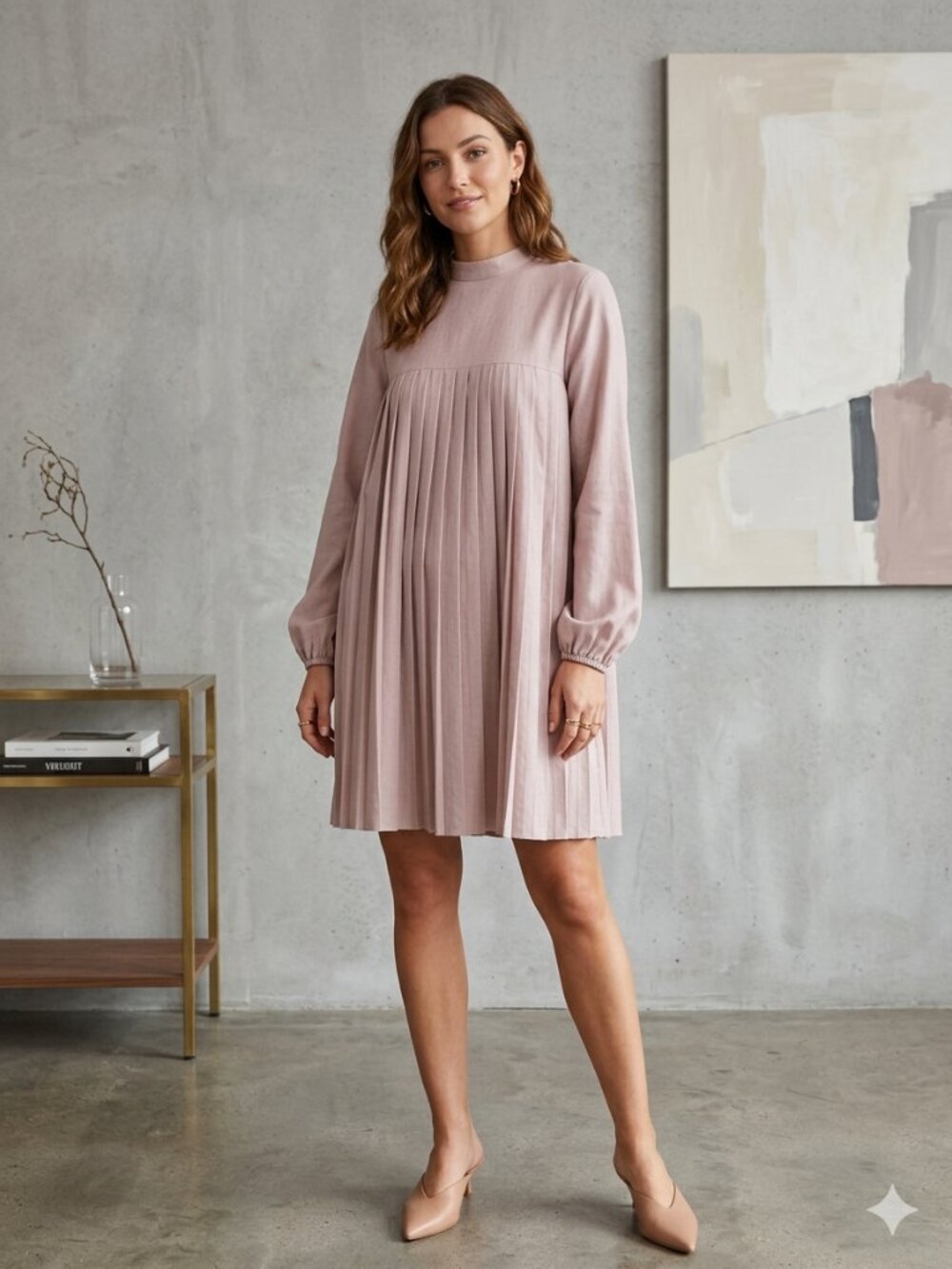 ASOS Curve size 12 Pleated Long-Sleeve Mini Dress in Dusty Rose
